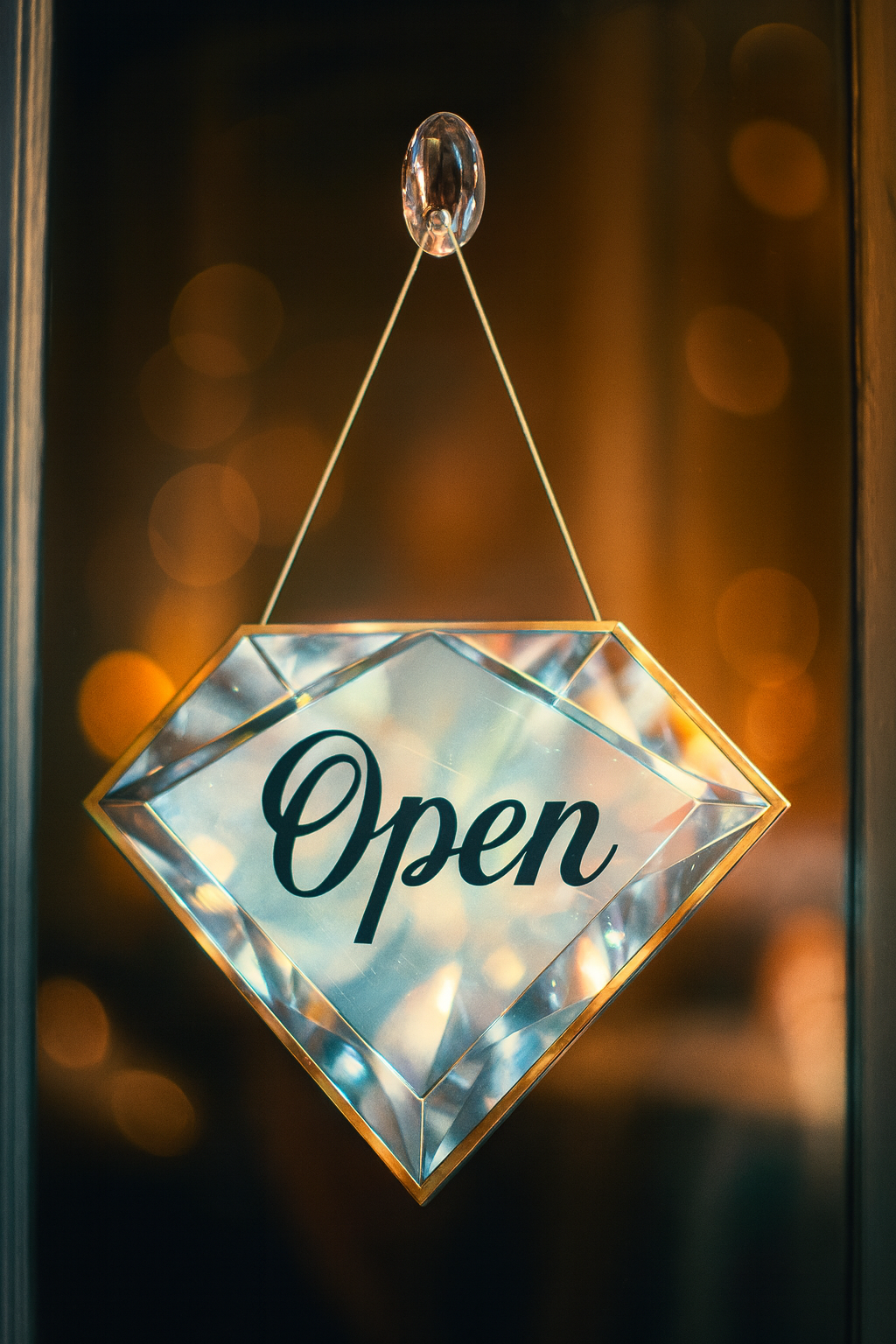 A glowing, diamond-shaped 'Open' sign, symbolizing our welcoming diamond showroom